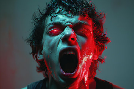 Screaming man with red paint on his face on dark backgroundの写真素材