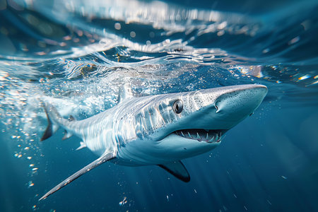Great White Shark (Carcharodon carcharias) swimming in blue waterの写真素材