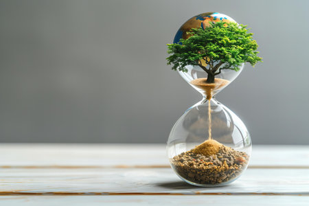 Glass hourglass with green plant growing inside on wooden table and grey background