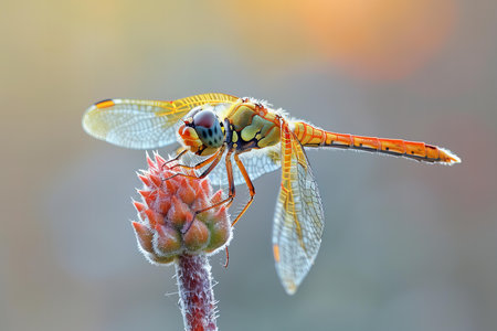 Close up of dragonfly sitting on flower in the morning light.の写真素材