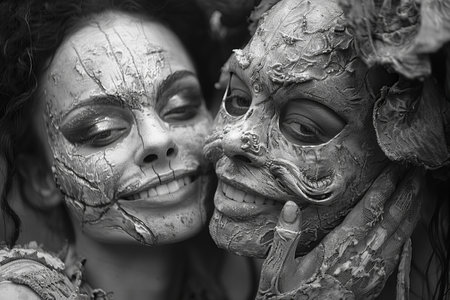 Two girls in carnival masks. Black and white photo. Close-up.の写真素材