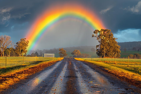 Rainbow over rural road in Australia, with grass and trees.の写真素材