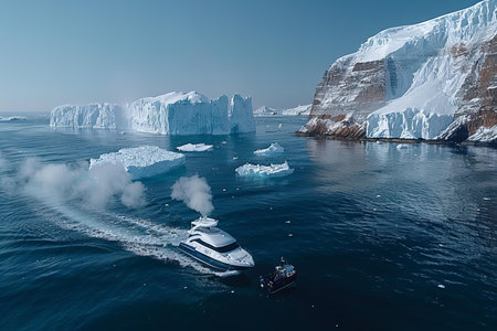 Antarctic landscape with icebergs and cruise ship in the ocean