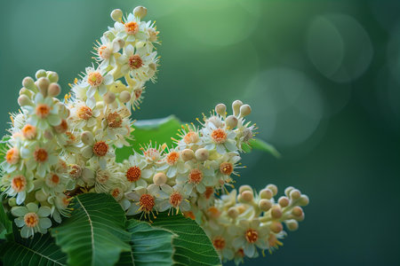 Close up of blooming chestnut tree flowers with bokeh backgroundの写真素材