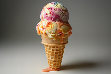 ice cream cone with vanilla and strawberry flavor on a grey background.