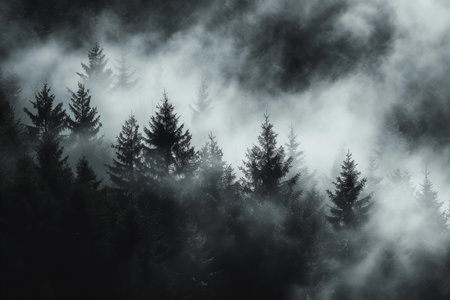 Foggy forest in the Carpathian mountains, Ukraine.の写真素材