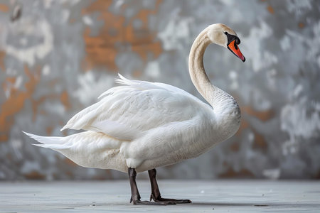 White swan on the background of a winter landscape. The mute swan, Cygnus olorの写真素材