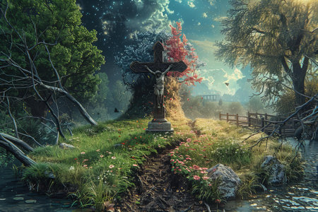 Cross in the forest. 3D illustration. Fantasy. Digital painting.の写真素材