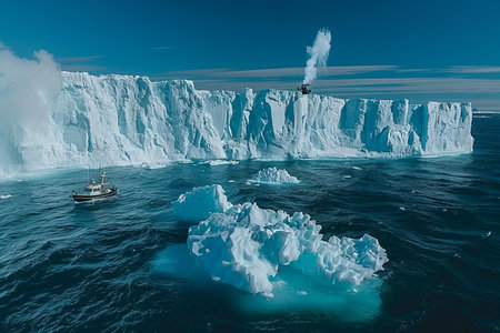 Floating icebergs in the ocean with a boat on the background