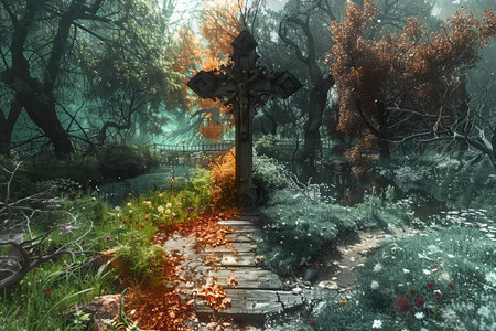 Cross in the forest. Halloween concept. 3D Rendering.の写真素材