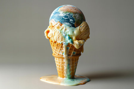 Ice cream in waffle cone with earth globe on gray background.の写真素材