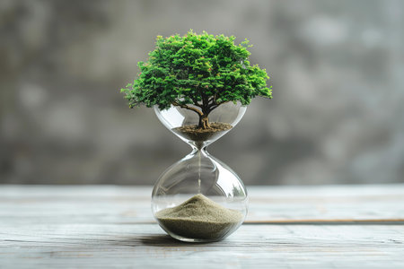 Green tree growing through hourglass. Concept of time and environment.の写真素材