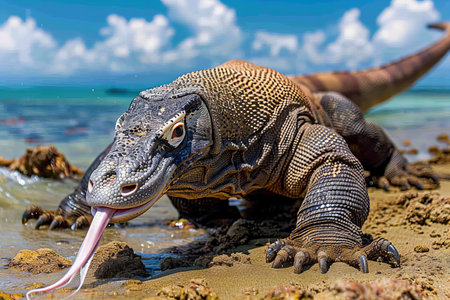 Komodo Dragon on the beach of Komodo Island, Indonesiaの写真素材