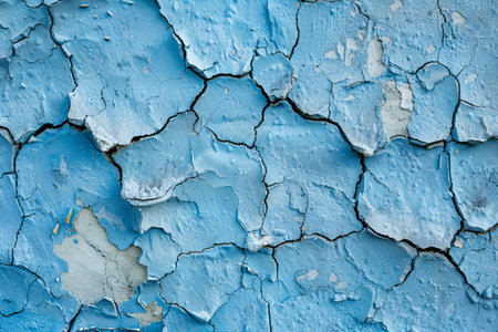 Cracked blue paint on the wall. Abstract background and texture for design.の写真素材