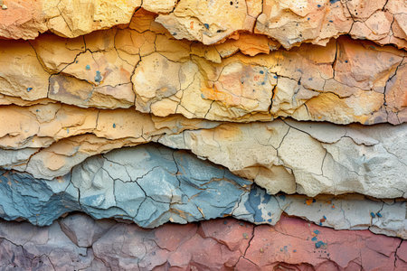 Background of cracked wall texture. Close-up view of colorful cracked wallの写真素材