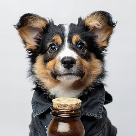 Corgi puppy with a bottle on a white backgroundの写真素材