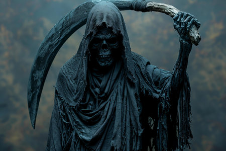 Scary black witch with horns in the dark forestの写真素材