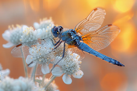 Blue dragonfly (Sympetrum vulgare) sitting on a white flowerの写真素材