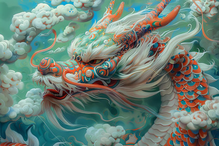 Chinese dragon with clouds in the background. 3d rendering. Digital illustration.の写真素材