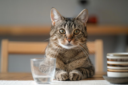 Portrait of tabby cat with glass of water on table at homeの写真素材