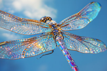 Macro photo of a dragonfly on the background of blue skyの写真素材