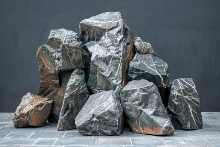 Pile of black and grey marble stones on floor against black wall