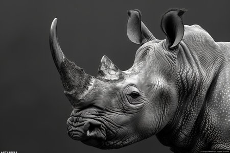 Black and white rhinoceros head isolated on black background.の写真素材