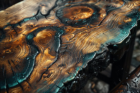 Wooden table with water drops on it. Shallow depth of field.の写真素材