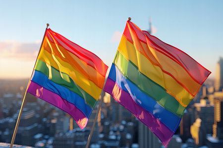 Rainbow flags on the background of the New York City skyline.
