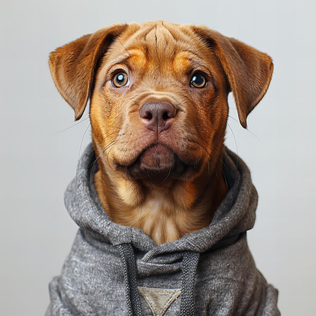 Portrait of a dog in warm clothes on a gray background.の写真素材