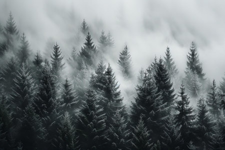 Foggy winter landscape with spruce trees in the mountains.
