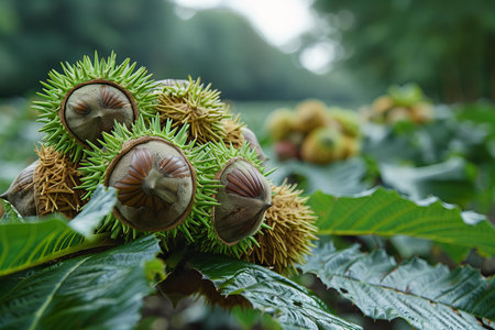 Bunch of chestnuts on a tree with green leaves in the backgroundの写真素材