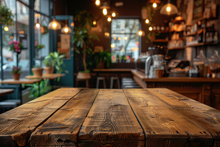 Empty wooden table in front of abstract blurred background of coffee shop. Ready for product display montage.の写真素材