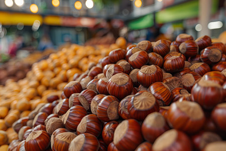 Hazelnuts on a market stall in Barcelona, Catalonia, Spainの写真素材