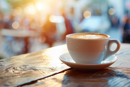 Coffee cup on wooden table and bokeh background.の写真素材