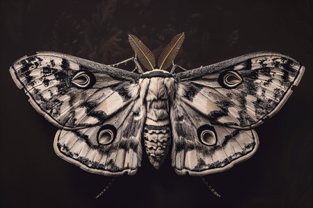 Butterfly on a black background. The butterfly is a species of moth in the family Bombycidae.の写真素材