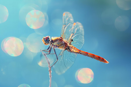 Dragonfly on a branch with bokeh background. 3d render