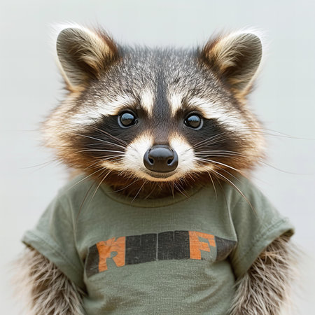 Raccoon wearing a t-shirt and looking at the camera