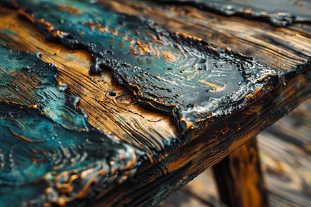 Close up of a wooden table with blue paint. Selective focus.