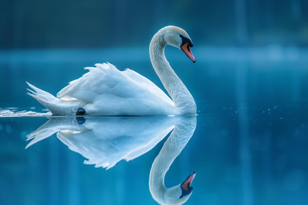 Beautiful white swan swimming on the lake with reflection in waterの写真素材