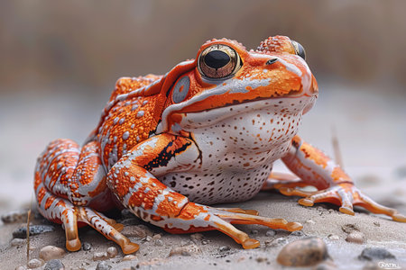 Red frog (Rana temporaria) sitting on the sand.