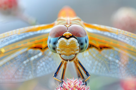 Close up of a dragonfly on a flower in the garden.の写真素材