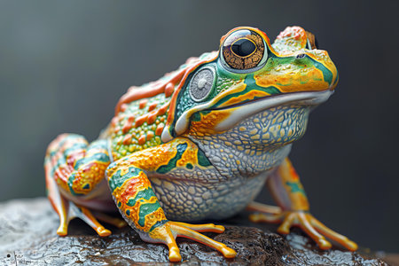 close up of a green and orange frog sitting on a tree trunkの写真素材