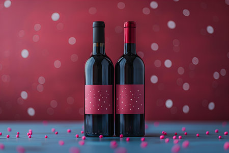 Two bottles of red wine on a red background. 3d rendering.の写真素材