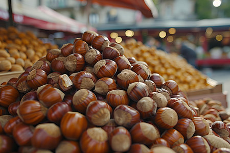 Hazelnuts on a market stall in the city, close upの写真素材