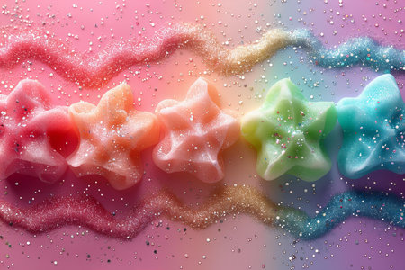 Colorful candies in the form of stars on a colorful backgroundの写真素材