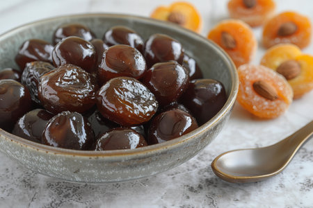 Dried apricots in a bowl on a white background.の写真素材