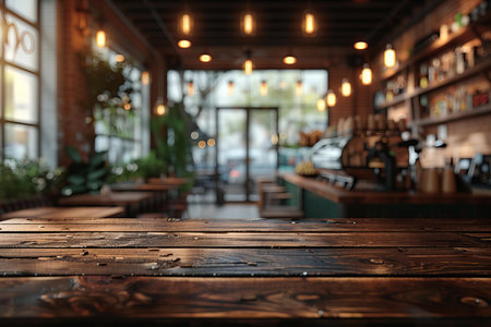 Empty wooden table in front of abstract blurred background of coffee shop.