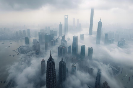 Aerial view of skyscrapers in the fog, Shanghai, Chinaの写真素材