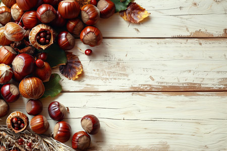 Autumn background with chestnuts, acorns and leaves on wooden backgroundの写真素材